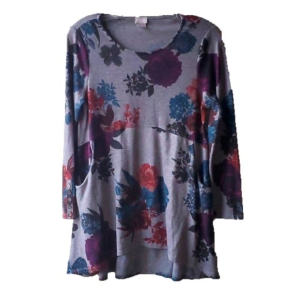 Chico's Women's Tunic Top Multicolor Gray Rose Button Sleeve Crew Pocket Size OP